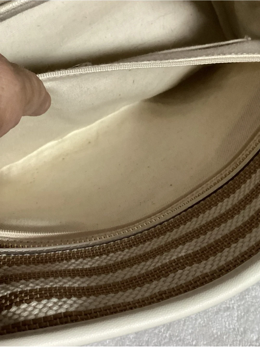 Kate Spade Market Stripe Medium Parchment Color Woven Canvas Tote Bag w/ Charm